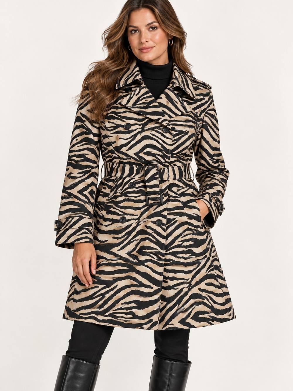 Lauren Ralph Lauren Zebra Print Cotton Belted Trench Coat XL Black Tan Lined